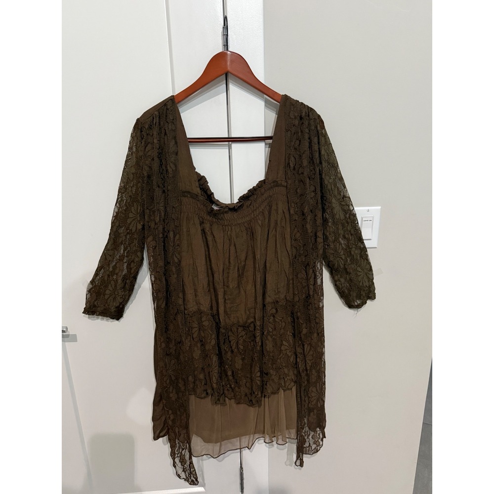 Pretty Angel Brown Linen Blend Lace Tunic Dress Smocked Boho Layered NWT Size L